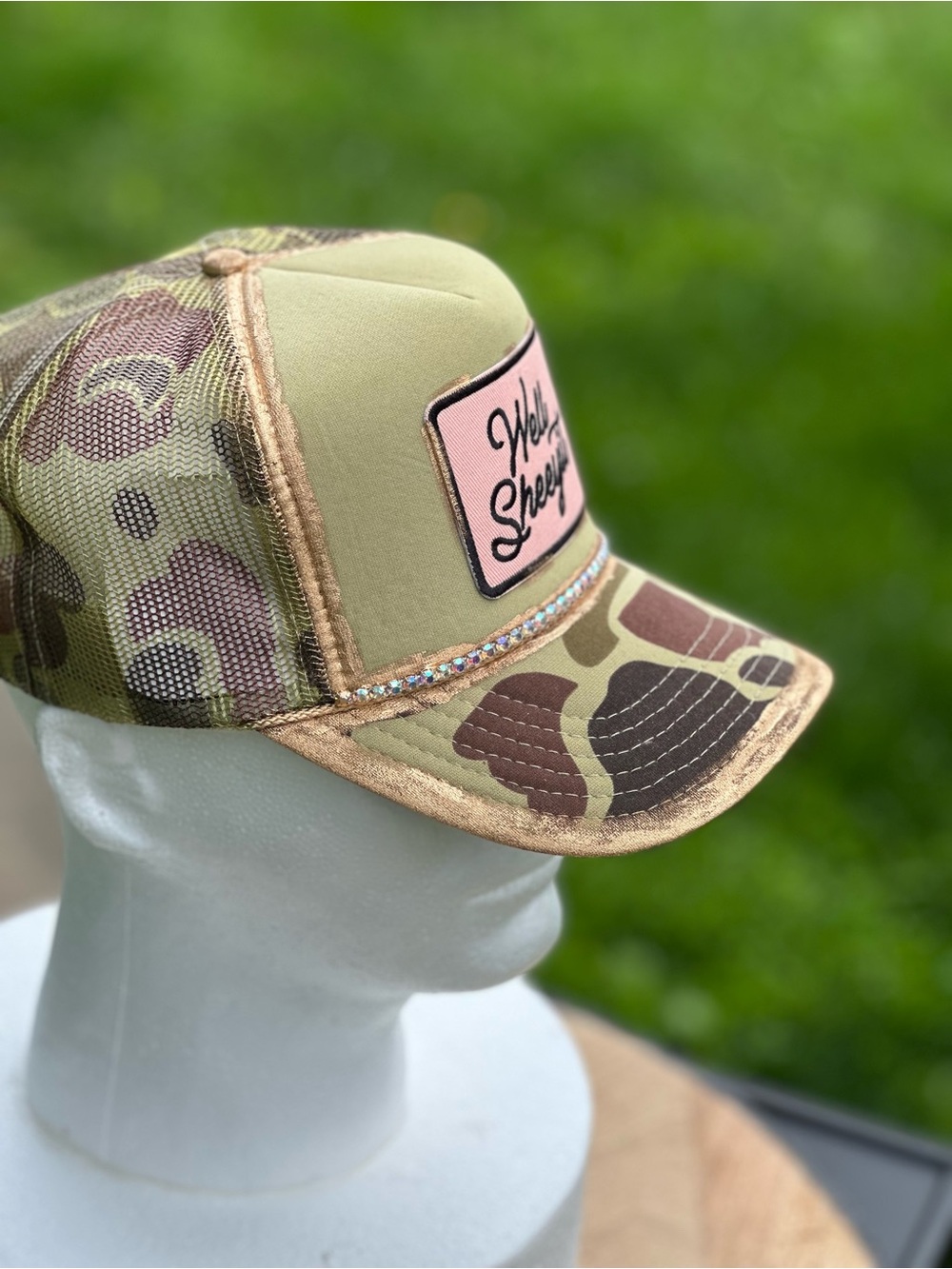 OTTO Olive Green Camo Trucker Hat with Pink/Peach Patch and Rhinestone Trim - Picture 3 of 3